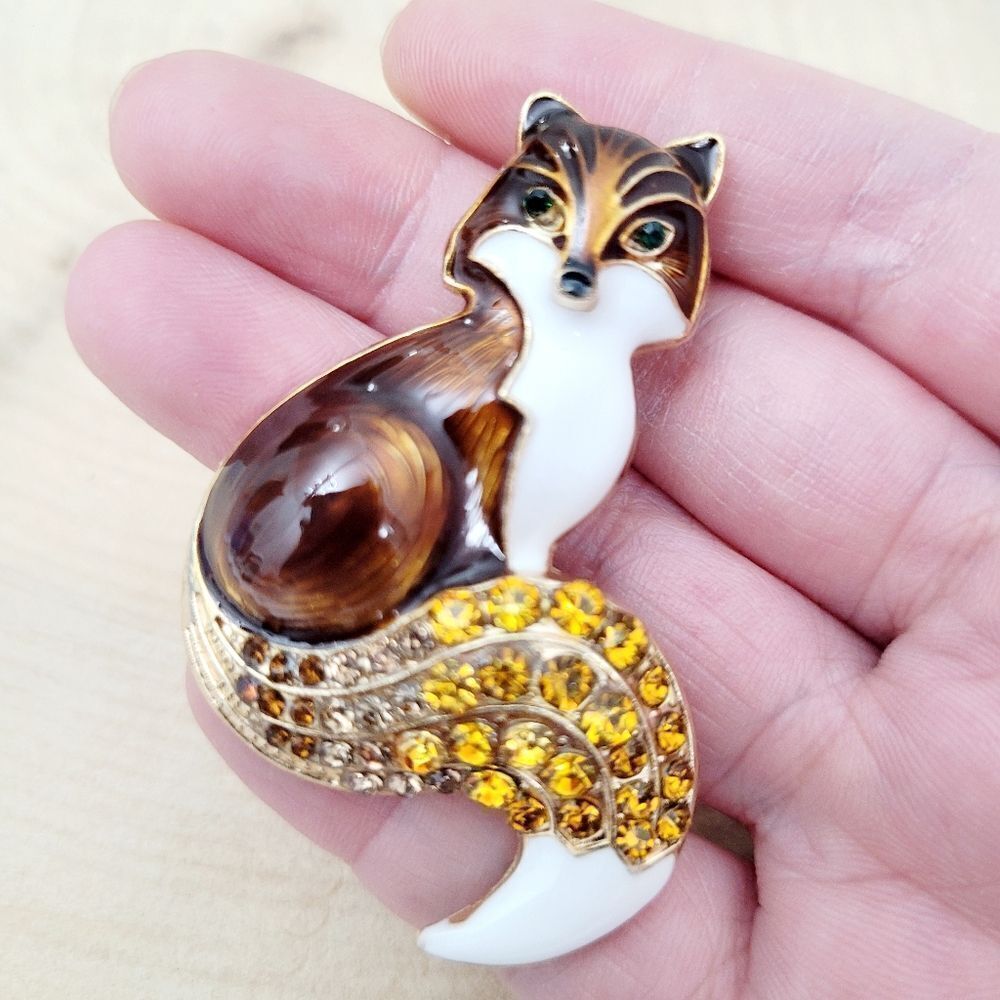 Brand New Gold Tone Brown Fox Rhinestone Brooch Pin